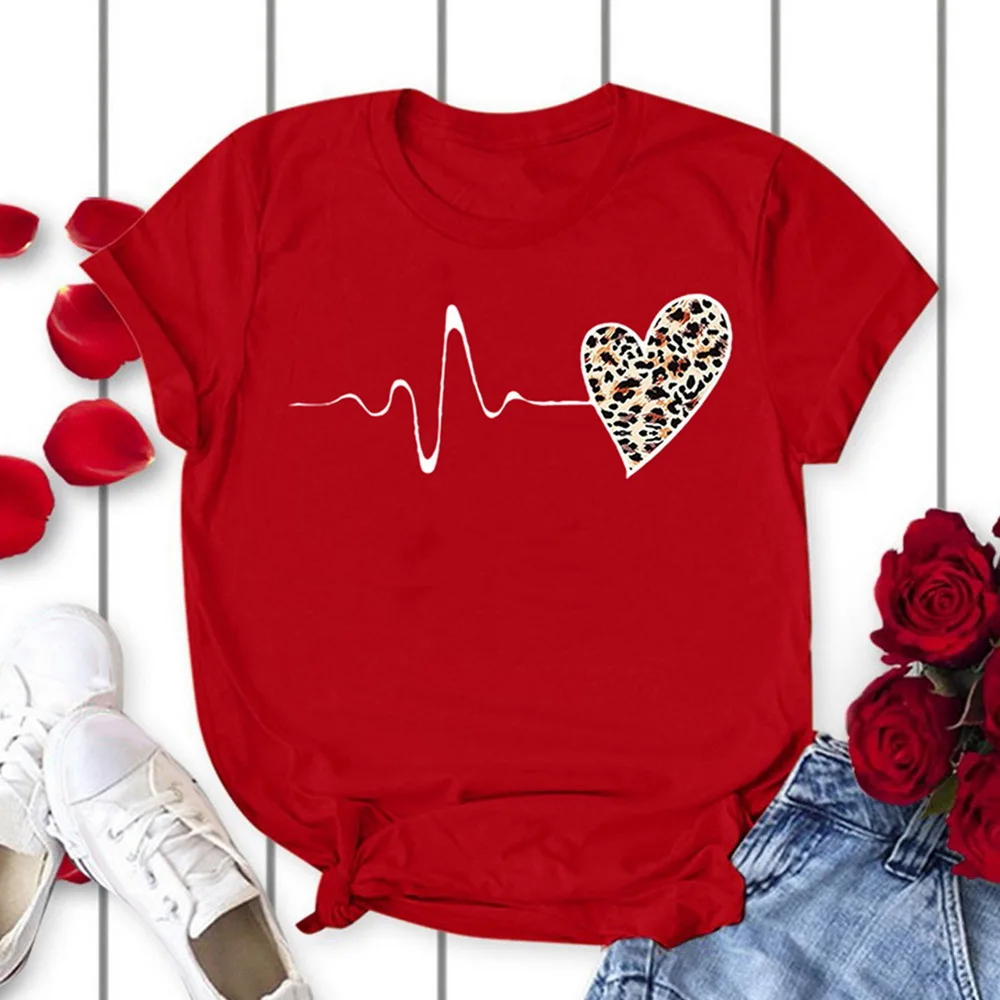 

Womens Black T-Shirt Summer New Fashion Leopard Heartbeat Short Sleeve Print Clothes Ladies Graphic Tops Female Clothes 2021