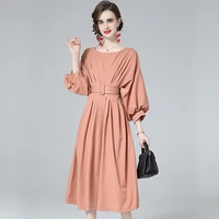 banulin summer french style puff shoulder party dress spring solid casual dress women elegant belt office lady midi dress