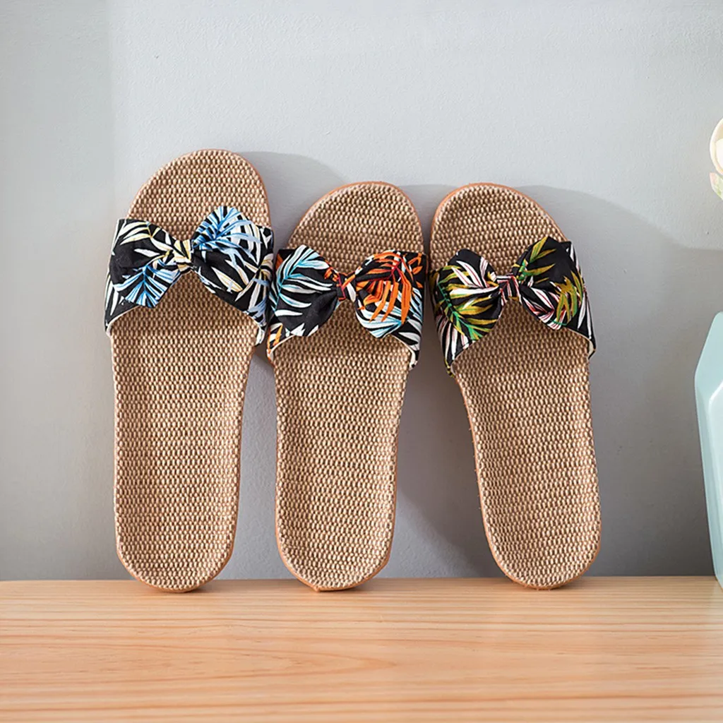 Домашние женские летние льняные шлепанцы с цветочным рисунком пляжные сандалии