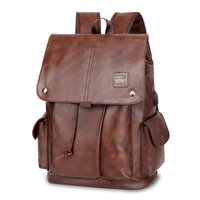 fashion man vintage retro backpack pu leather mens usb charger teenager backpacks male large capacity schoolbag mens bag