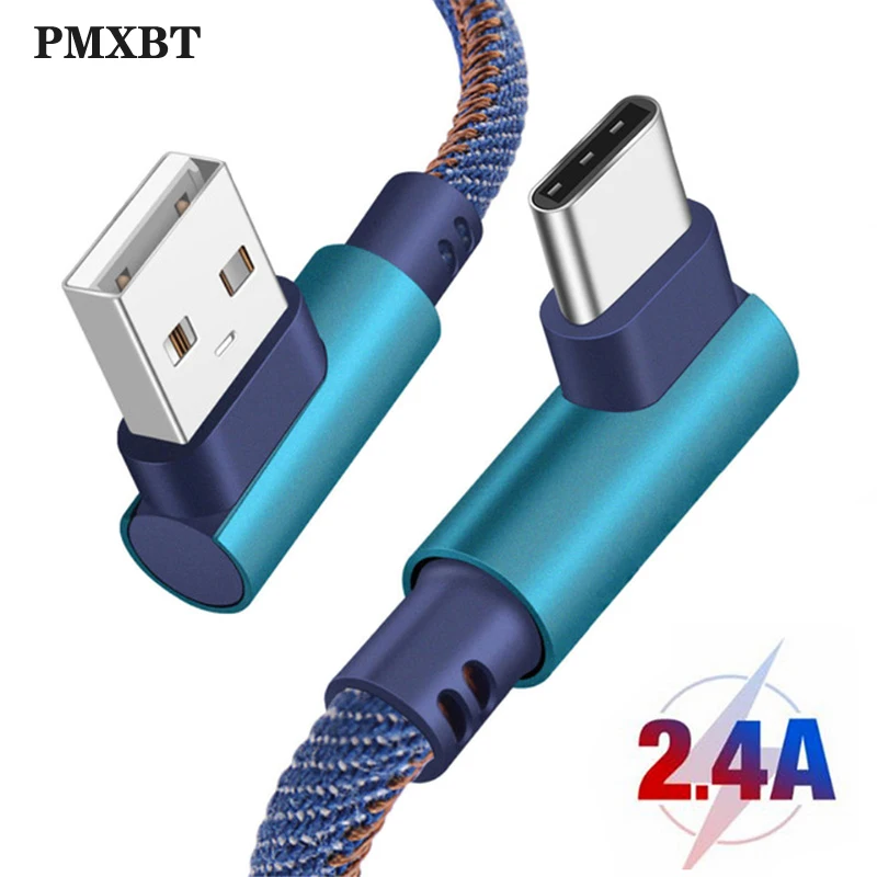1 м/2 м 90 градусов USB кабель 2.4A для Мобильный телефон Micro Type C зарядный Samsung Huawei Xiaomi