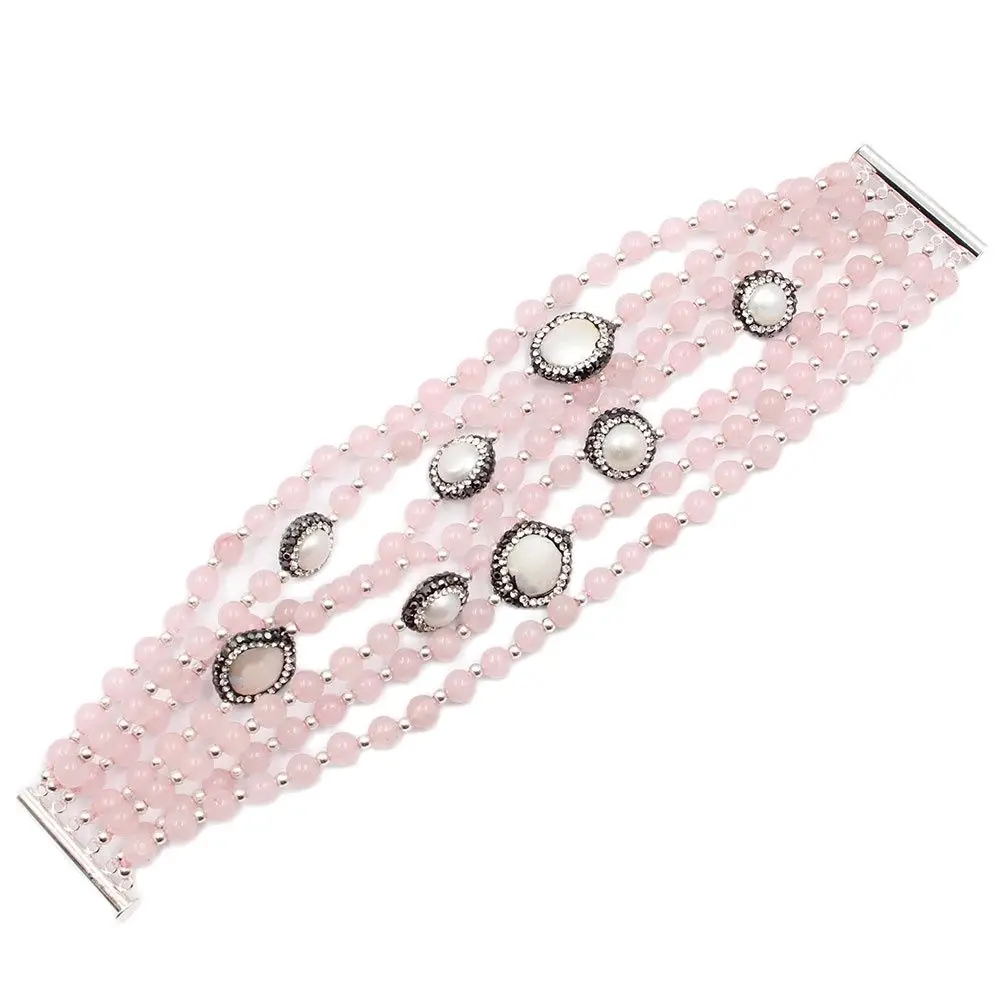 

GuaiGuai Jewelry Beautiful 7 Strands Natural White Pearl Pink Rose Quartzs Bracelet For Women