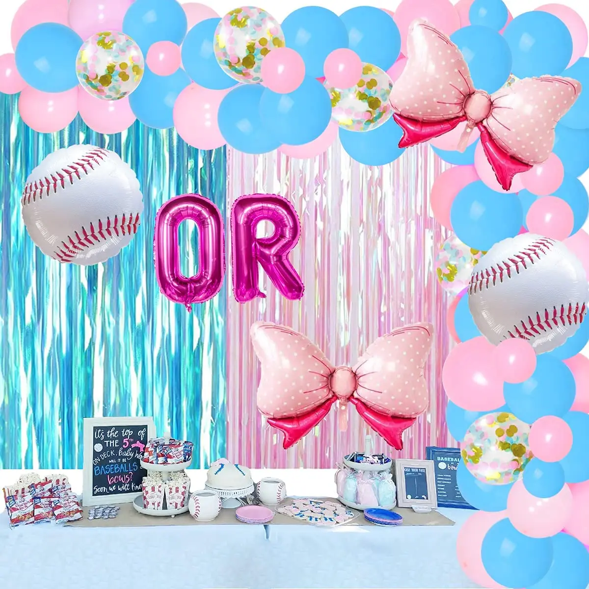 

Baseball or Bows Gender Reveal Party Decorations Set Foil Balloon Garland Boy or Girl He or She Gender Reveal Party Supplies