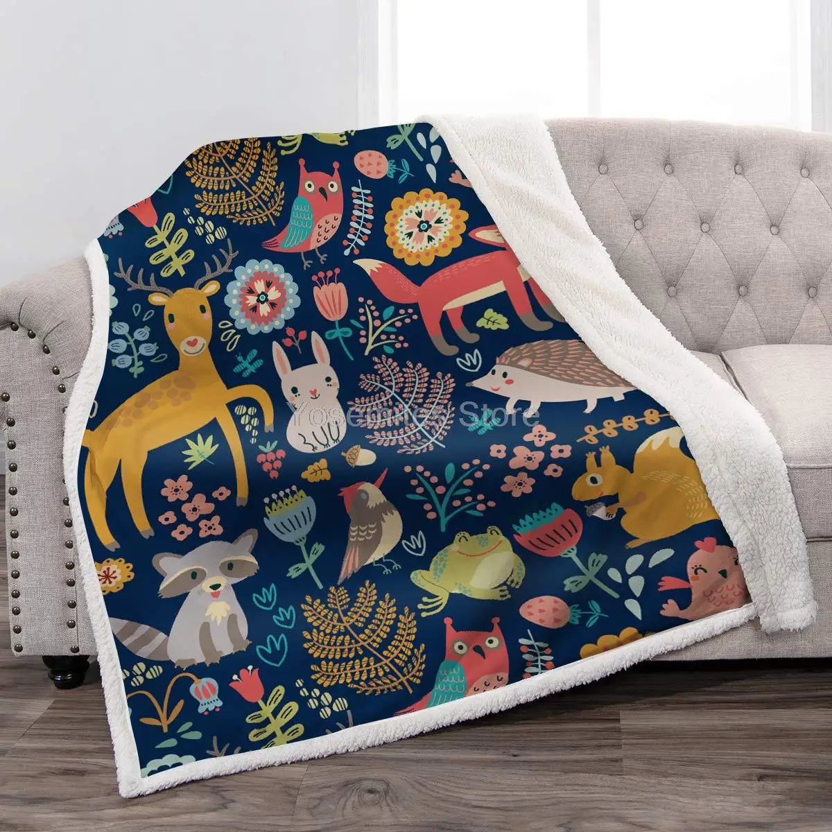 

Jekeno Cartoon Forest Animals Sherpa Blanket Soft Warm Deer Rabbit Owl Fox Print Throw Blanket for Kids Adults Gift Sofa Chair B