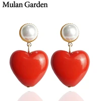 mg trendy red heart dangle earrings for women needle pendant imitation pearl earrings fashion jewelry accessories