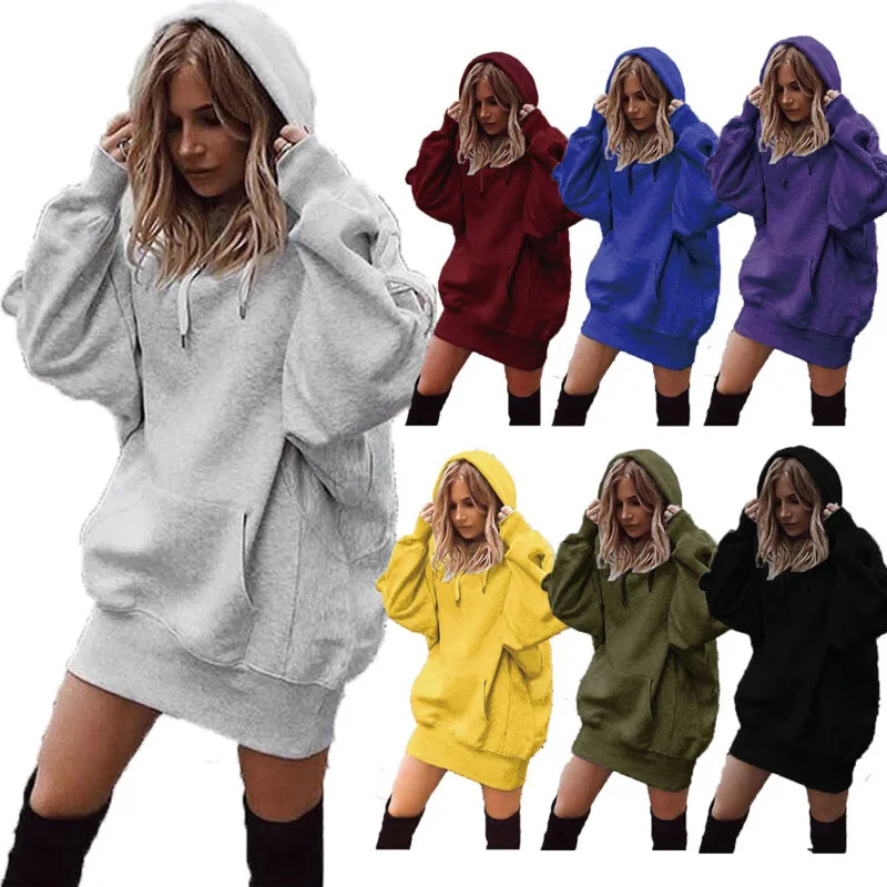 

Bikoles 2021 New Fahsion Autumn Winter Hooded Long Sleeve Women's Sweatshirt Dress Casual Solid Loose Pocket Female Mini Dresses