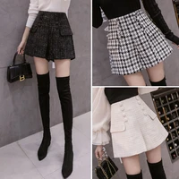 autumn winter female short pants new korean wild high waist pants lady plaid shorts double breasted boots pants women clothes