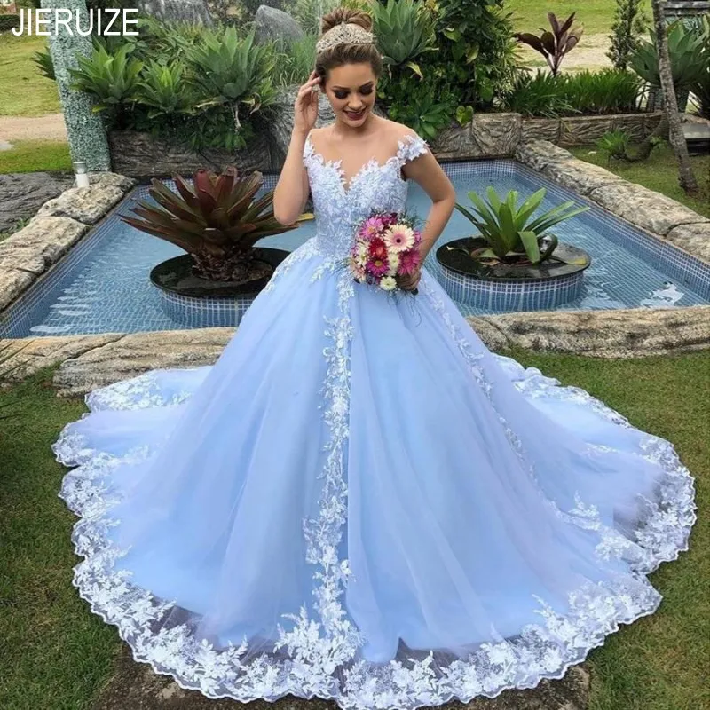 

JIERUIZE Unique Wedding Dresses Sheer Jewel Neck Covered Button Lace Appliques A Line Wedding Gowns Garden Bridal Dresses