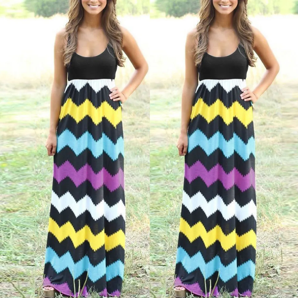 Модное женское длинное платье бохо волнистое в полоску повседневное сексуальное