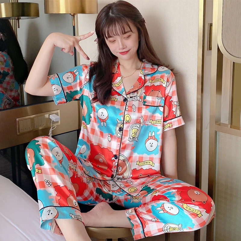 

Ice silk pajamas ins women's summer thin section short-sleeved trousers cardigan lapel suit net red simulation silk home service