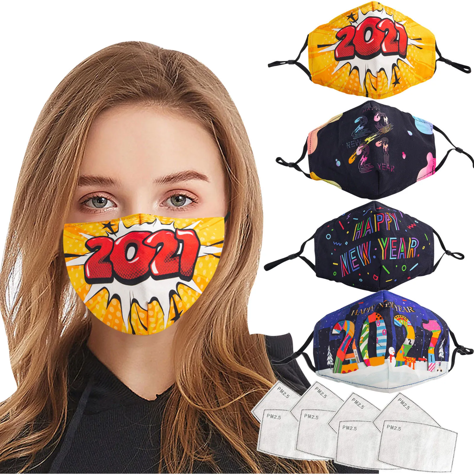 

4PCS Adult 2021 Print Cotton Mask Adjustable Washable Dustproof Safet Protect Haze Face Masks mascarillas masque + 8PCS Filters