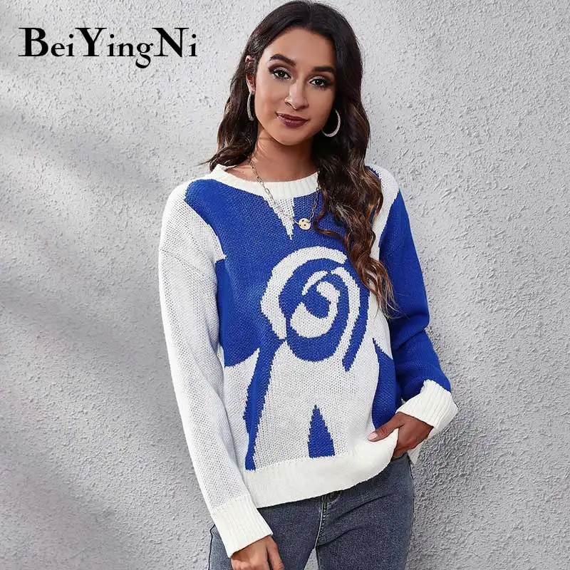 

Beiyingni Sweater Women Winter 2021 Vintage Casual Flowers Loose Women Pullover O-Neck Long Sleeve Kintted Women's Warm Tunic