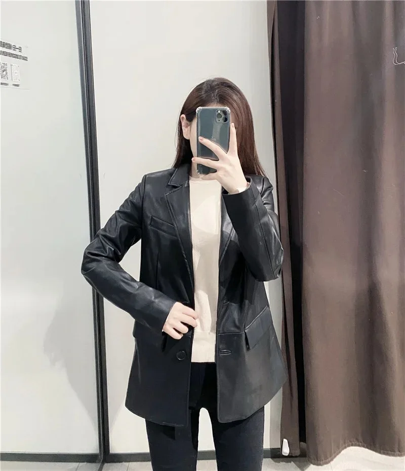 Women Vintage PU Faux Leather Pocket Blazer Coat Fashion Notched Collar Long Sleeve Female Slim Jacket Outerwear Chic Tops enlarge