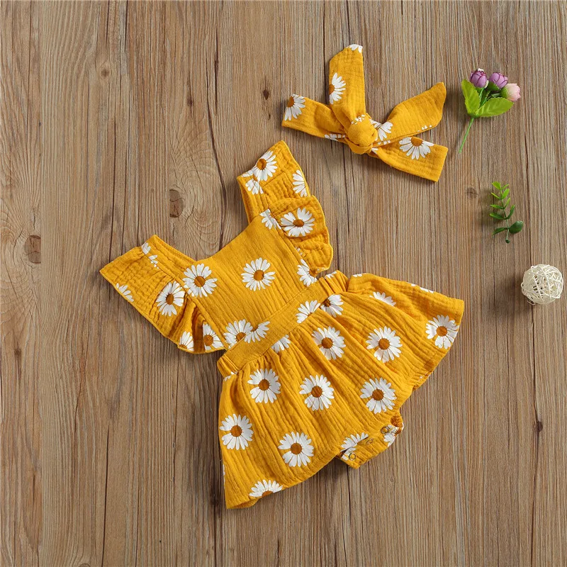

Baby Girls Summer Romper 0-24M Baby Ruffles Sleeveless Daisy Printed Cotton Linen Romper Jumpsuits Dress with Headband Outfits