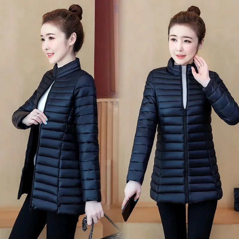 

Mom's Autumn Winter Warm Down Cotton Jacket Women Stand Collar Solid Color Ultra Light Slim Parkas Plus Size Basic Female Coat