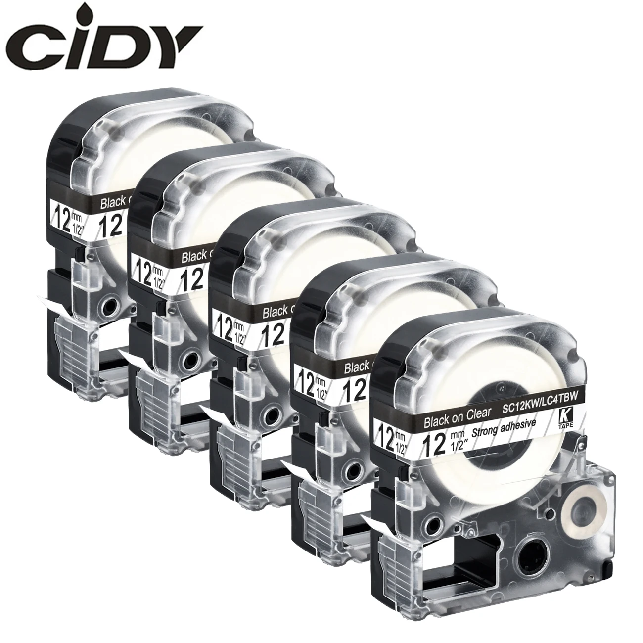 

Cidy 5Pcs For Epson/KingJim Printer ST12KW LC-4TBW For LW-300 LW-400 12MM Black on Clear SS12KW Label Cassete SR150