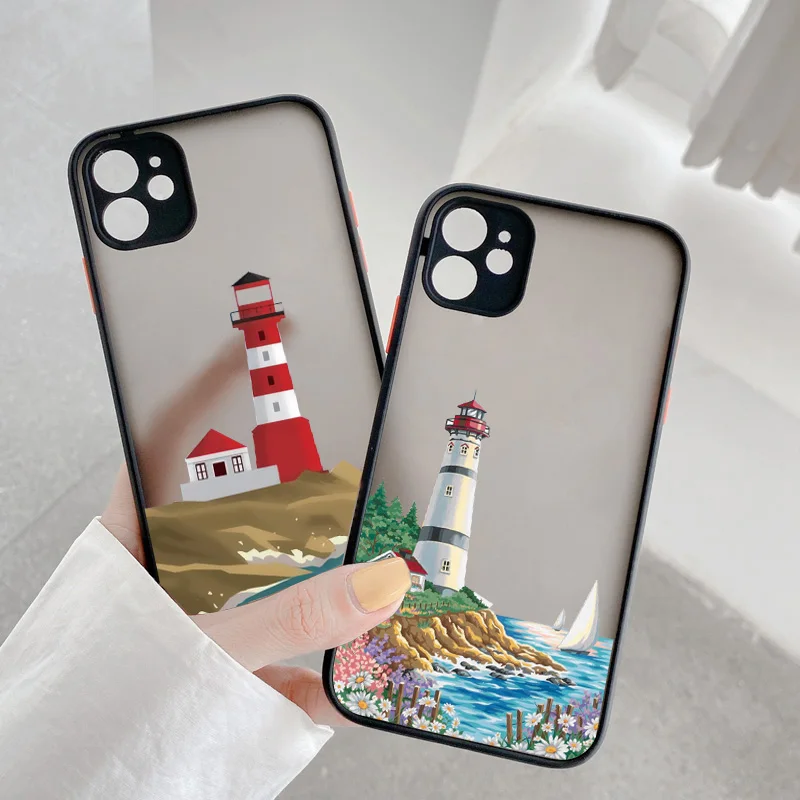 Hand Painted Lighthouse Print Bird Seagull Phone Case for iphone 11 12 13 Pro Max 7 8 Plus SE 2020 X XS MAX XR Hard Covers