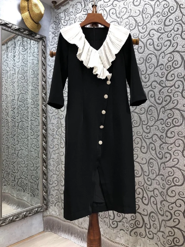 

New 2021 Spring Summer Business Women's Dress High Quality Ladies V-Neck White Ruffle Deco 3/4 Sleeve Split Bodycon Dress Midi