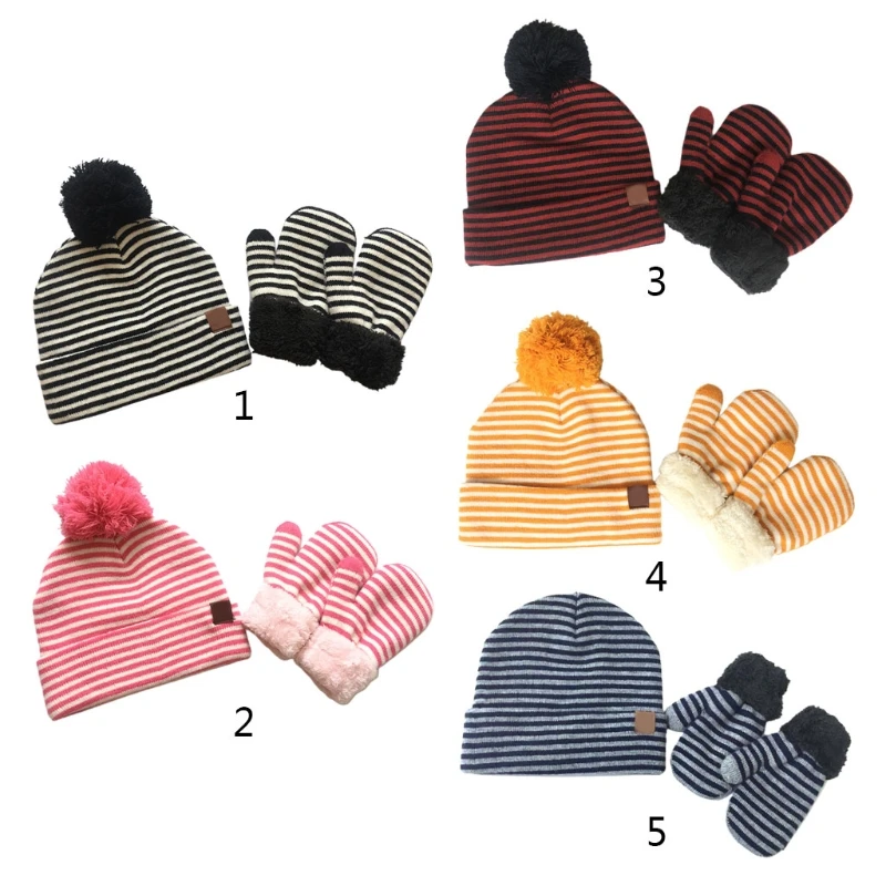 

2pcs Infant Baby Striped Wool Beanie Hat Gloves Mittens Set Fake Ball Pom Pom Cap Warm Winter Beanies for 3-8 Years Old WXTD