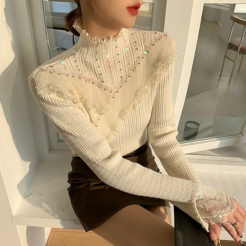

Sweater With Lace Diamonds Turtleneck Slim Sequins Knitting Female Thickening Falbala Render Unlined Upper Garment Autumn Winter
