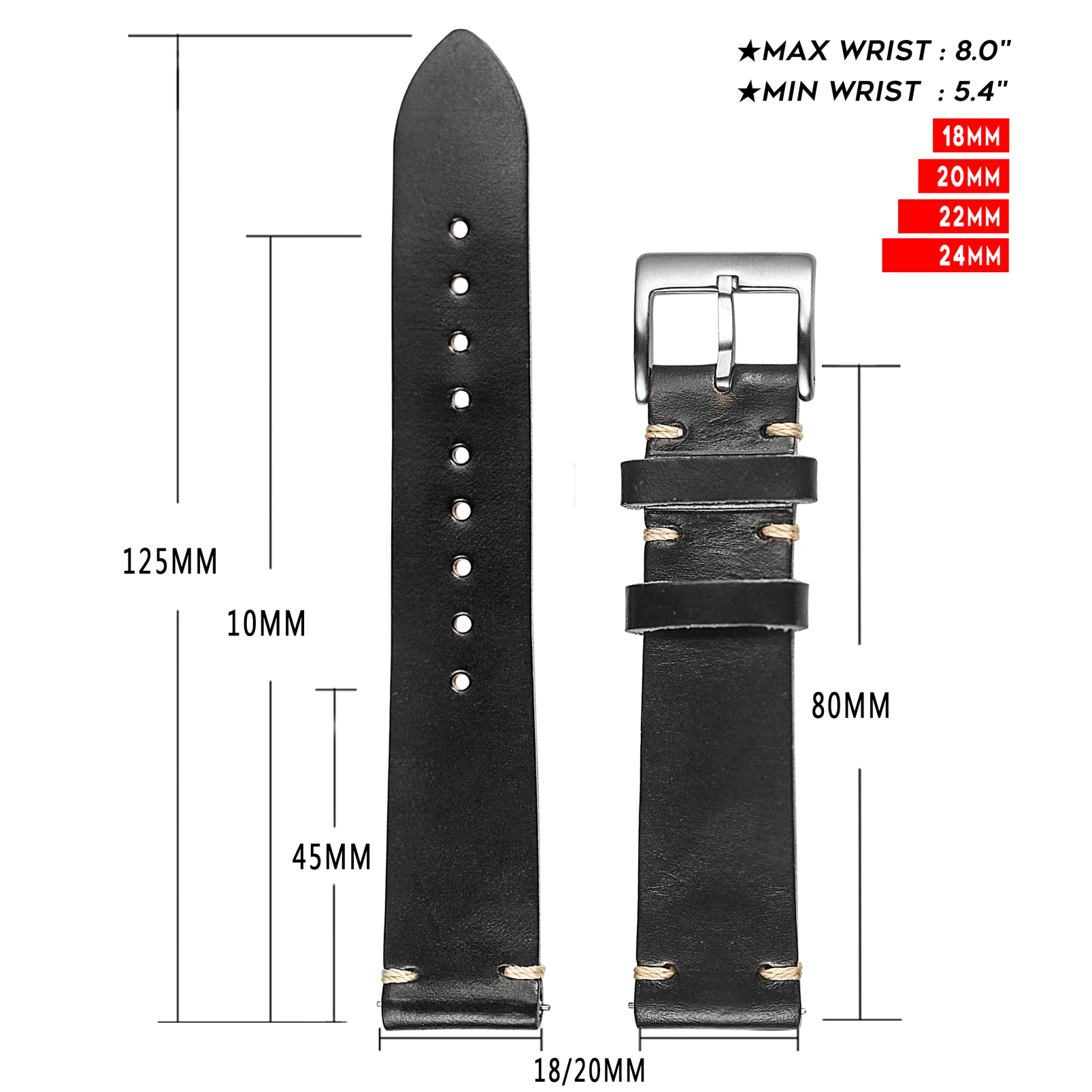 Horween US Chromexcel Leather Watch Bands Black Soft Wrap Handmade Leather Straps 18mm 20mm 22mm