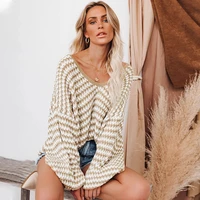 striped tops womens 2021 fall winter new fashion big v neck oversized slim knit pullover sweater ladies fashion all match