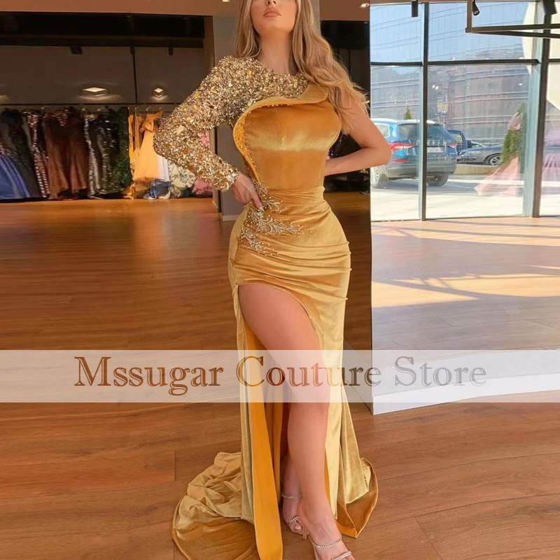 

2021 Stunning Beading Mermaid Evening Dress Velvet Crystal High Split Pleat Fomal Dresses robe de soirée femme