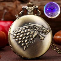 retro engraved wolf case design luminous led necklace watch family crest theme quartz pocket watch chain clock best gifts