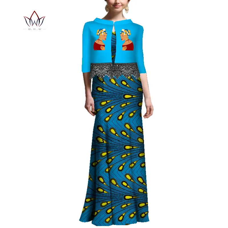 African Top And Dresses For Women Print Half Sleeve Long Skirt Suit Bazin Riche Two Pieces Ankara Appliqued Clothing WY5559