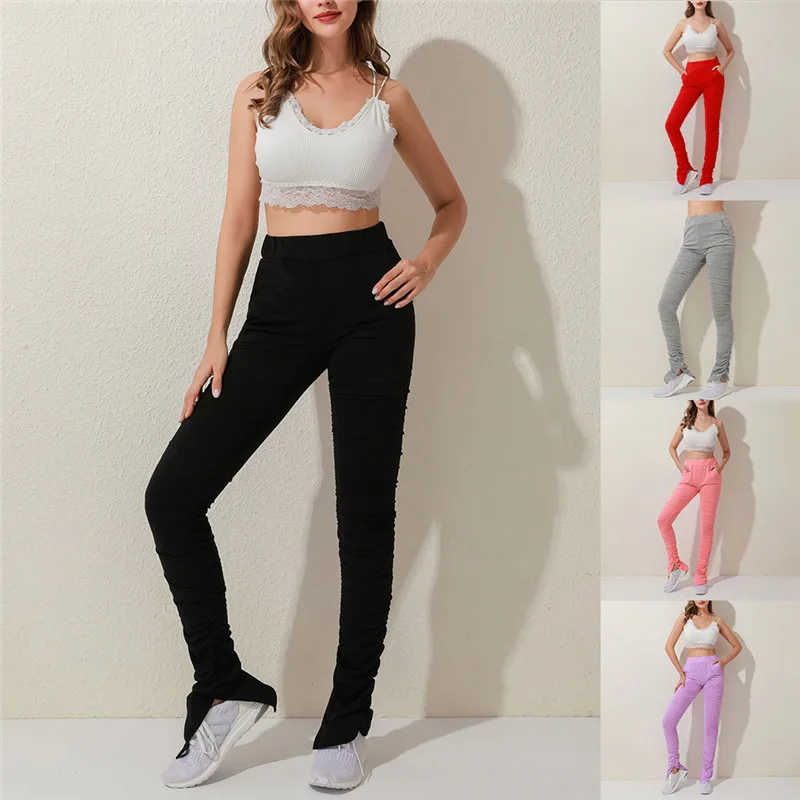 

Women Solid Color Leggings Stylish Pleated Decor Casual Sports Bodycon Leggings With Pockets For Female Plus Size