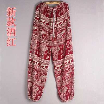 wine red as photo 1 Мягкие хлопковые льняные тайские индийские народные банданы со слоном на завязках на талии свободные шаровары широкие штаны пляжные тренировочные брюки для бега Boho - Цвет: wine red as photo 1