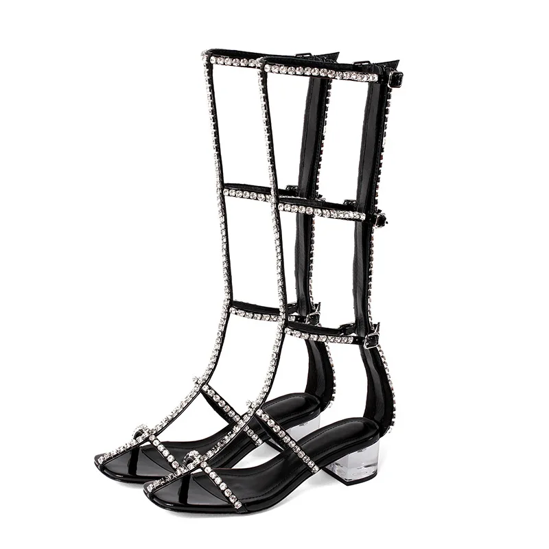 

Sandals women's 2021 new simple summer Roman high tube strap Rhinestone middle heel peep toe thick heel long tube