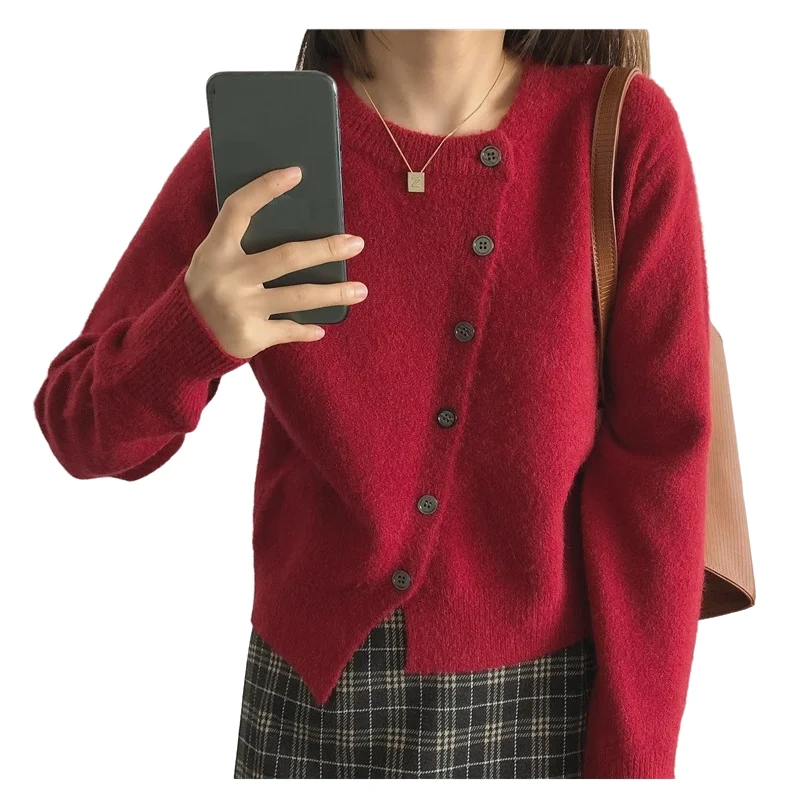 

Spring Autumn Knit Sweater Women O-neck Cardigans Female One Size Burgundy Tops