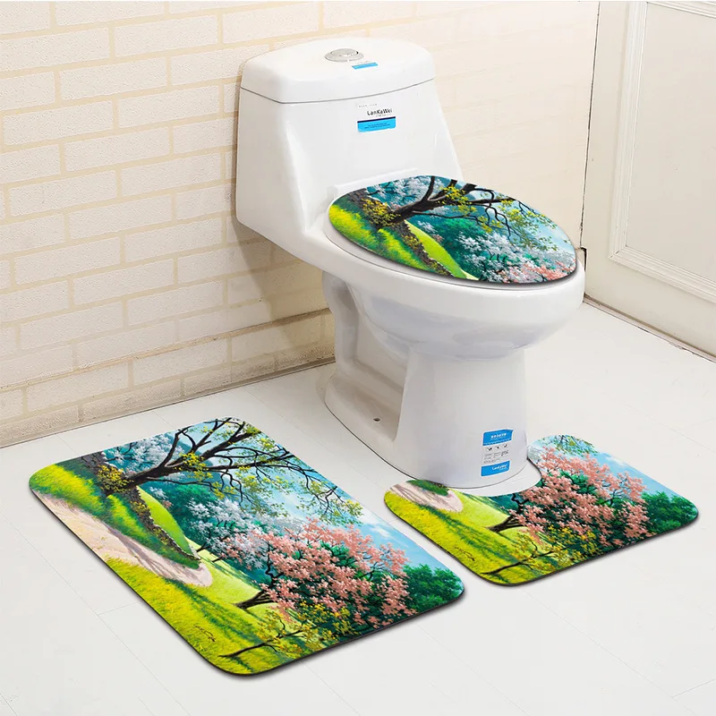 

Zeegle Microfiber 3Pcs Bath Mat Set Painting Rhyme Bathroom Carpets 3 Pieces Anti-slip Bathroom Floor Mats Doormats Toilet Rugs