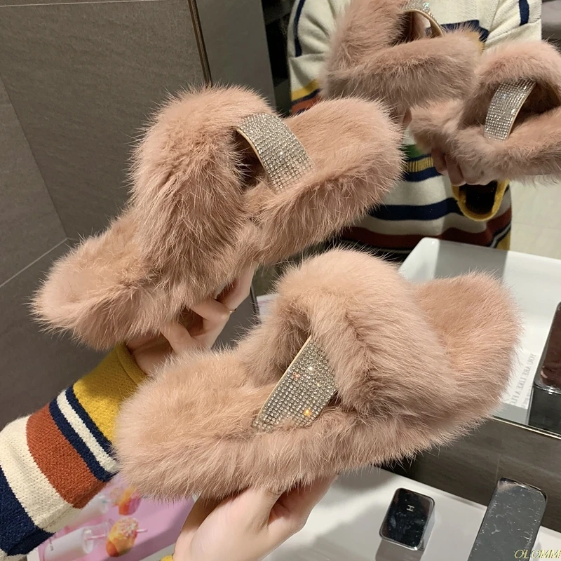 

soft rabbit fur slippers women cross band khaki/black furry flat sandals 2020 winter long plush slides female pantufa terlik