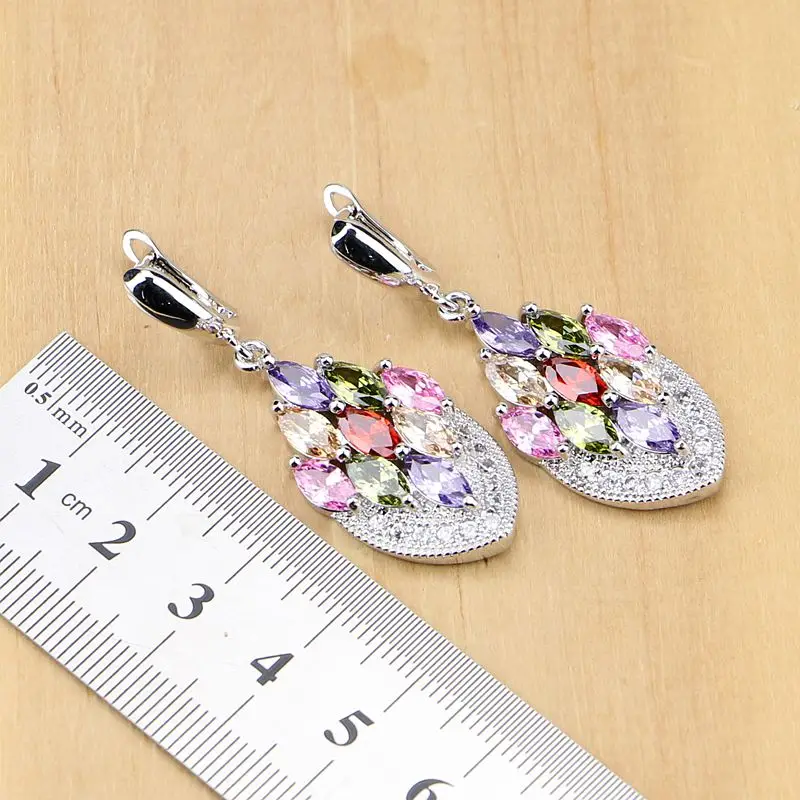 Комплект из колье и серёг серебра 925 пробы с разноцветными фианитами|jewelry sets for