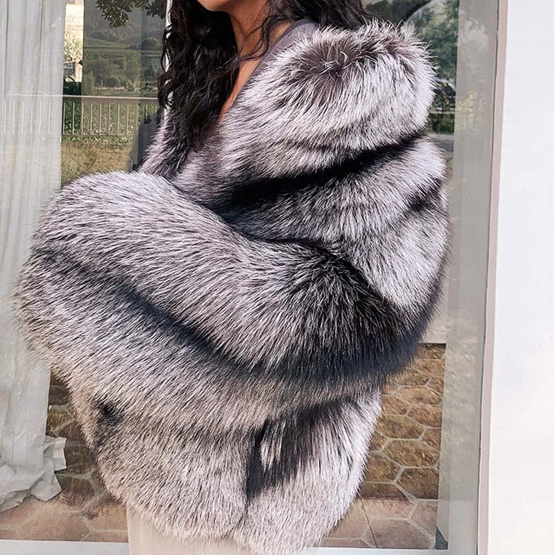 BFFUR 2022 New Winter Real Fur Coat Women Fashion Natural color Silver Fox Fur Short Stand-Up collar Overcoat Female Luxury