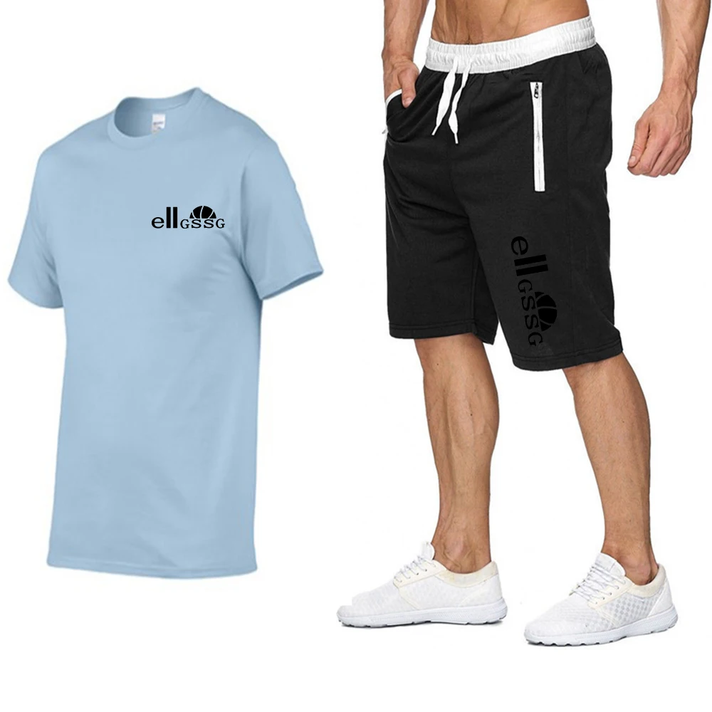 

Men's summer breathable sweatshirt solid color printing simple casual style short-sleeved T-shirt tie rope shorts zipper pocket