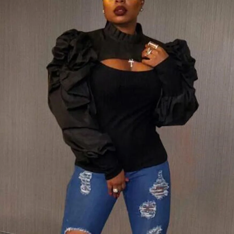 

2021 New Fashion Women Blouses Solid Color Plain Long Puff Sleeve Cutout Top