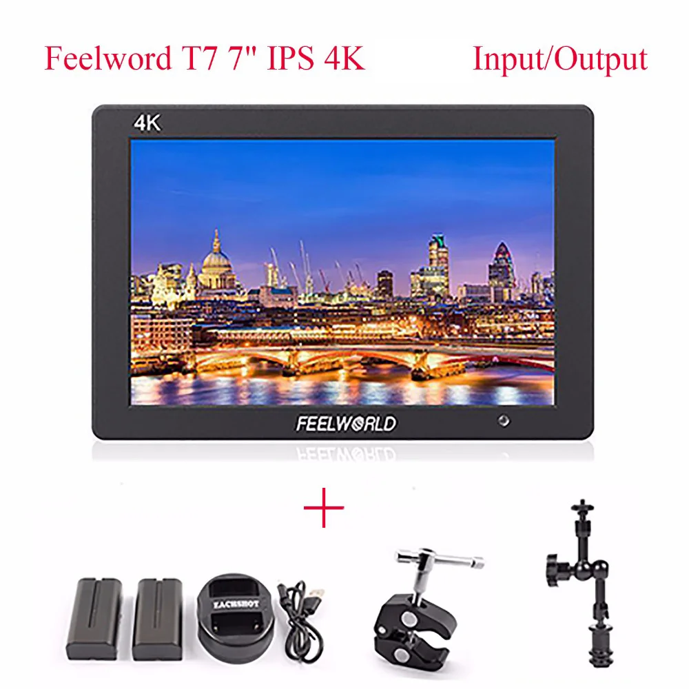 Günstig Feelworld T7 4K Eingang/Ausgang Auf-Kamera Monitor + Batterie + Ladegerät + Magie Arm, Volle HD 7