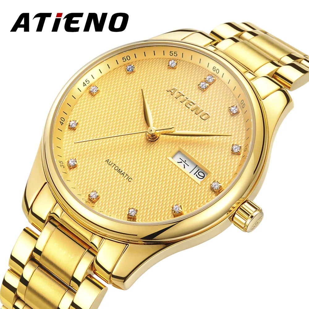 Мужские наручные часы ATIENO роскошные золотистые из нержавеющей стали 3 АТМ |