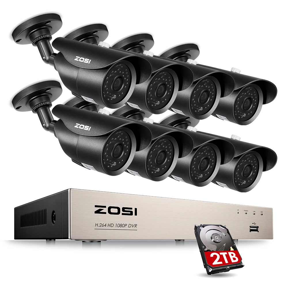 ZOSI HD-TVI 8CH 1080P DVR комплект 2.0MP камеры безопасности Система 8*1080P День ночного видения CCTV Домашняя безопасность с 2 ТБ HDD