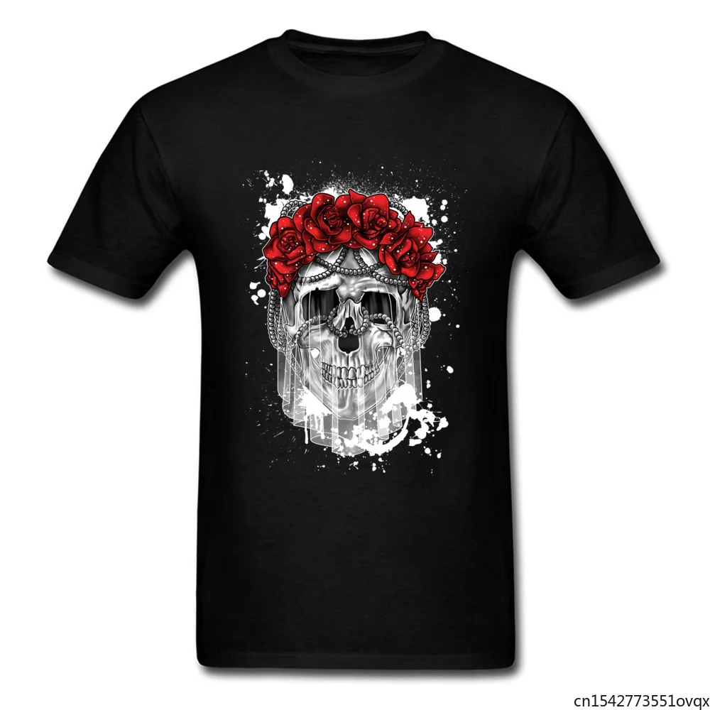 

Red Rose Skull Bridegroom T-shirts Funky Party Tee-Shirt for Men Awesome Tshirt