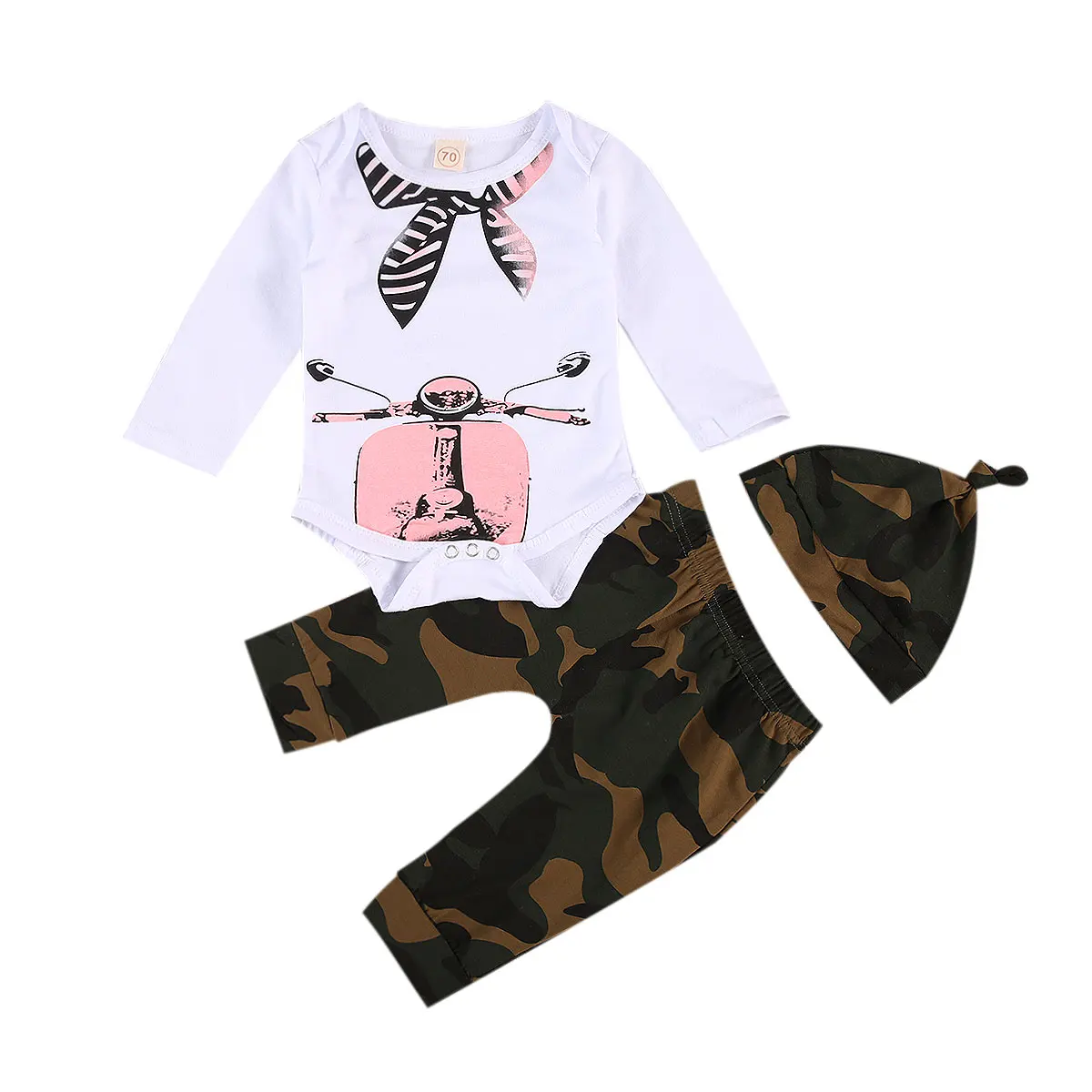 

Весна-Осень 2020, комплект одежды для маленьких мальчиков и девочек, боди с длинными рукавами и круглым вырезом + камуфляжные штаны + шапочка, к...