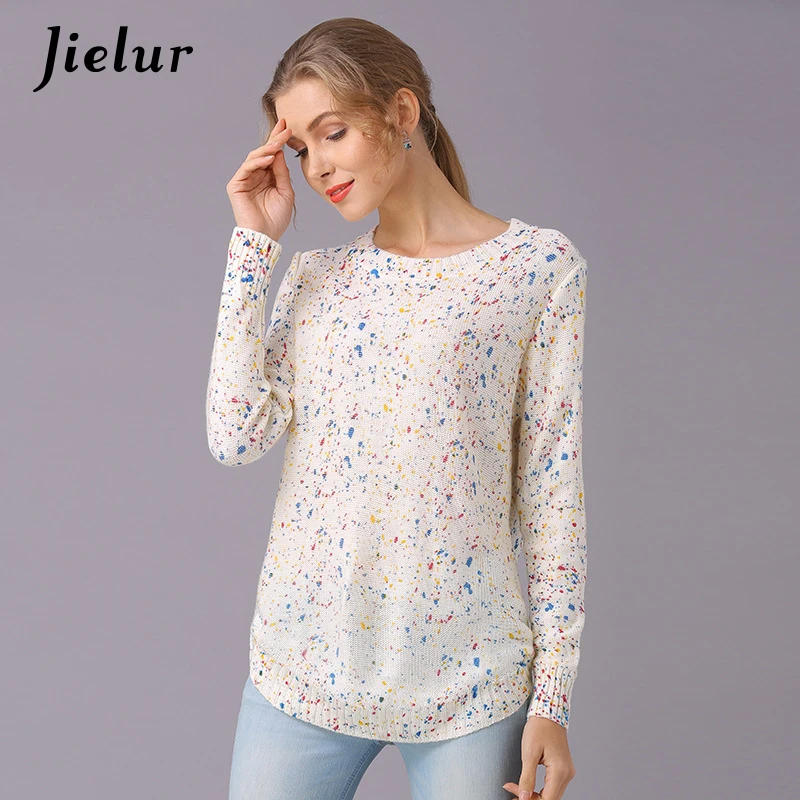 Jielur 2021 New Long-sleeved Printed Women's Sweater Casual Loose All-match Fashion Knitted Pullovers Europe Simple Female Tops | Женская