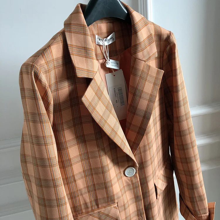 

Orange Plaid Blazers Coat Outerwear Chic Tops Long Sleeve Female Vintage Fashion Pockets
