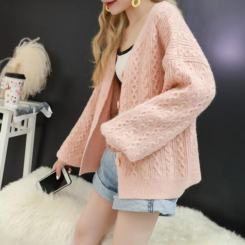 TIGENA Loose Long Sleeve Cardigan Women 2019 Autumn Winter Korean Kawaii Cute Female Knitted Jacket Pink Blue |