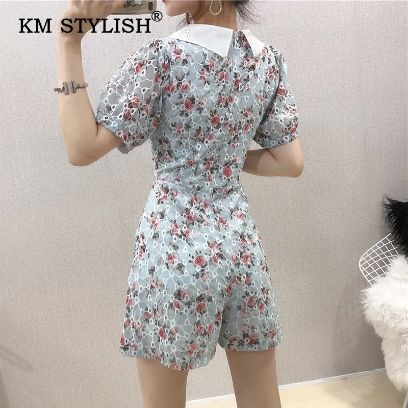 Летний женский цветочный принт с отложным воротником коротким рукавом