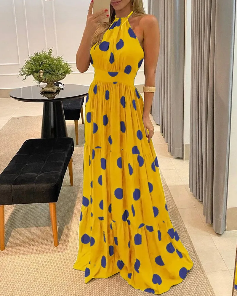 

Polka Dot Print Halter Backless Ruched Maxi Dress