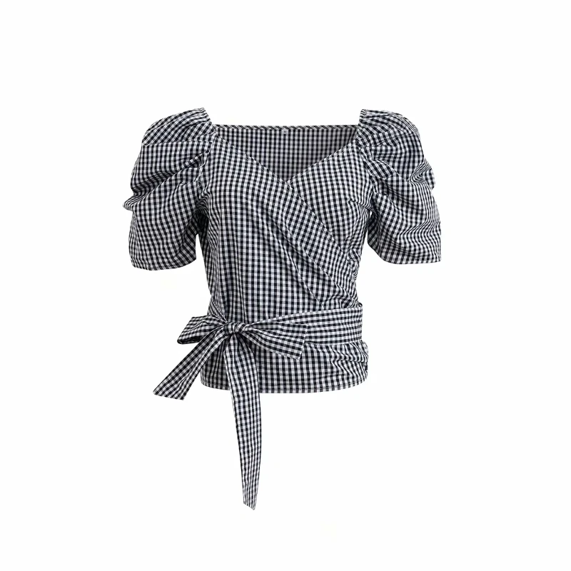 

Новинка 2020, Женская винтажная Блузка в клетку с пышными рукавами и поясом, женская блузка с v-образным вырезом, шикарная сорочка для отдыха ...
